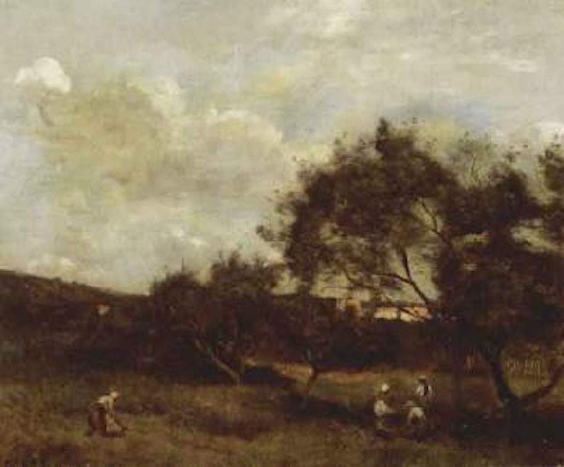 Peasants near village by Jean Baptiste Camille Corot