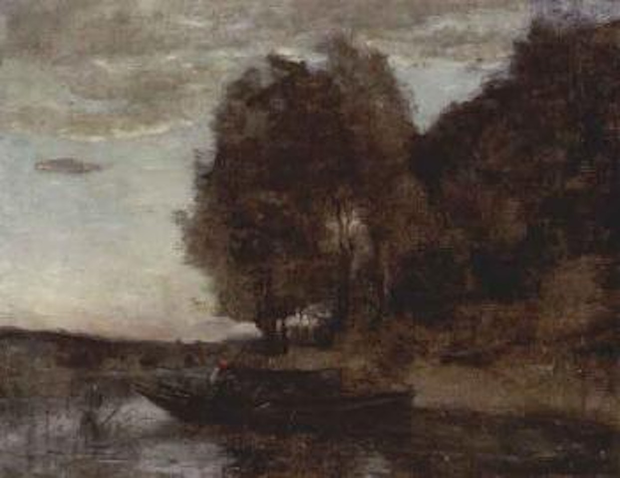 Fisherman boating along wooded creek by Jean Baptiste Camille Corot