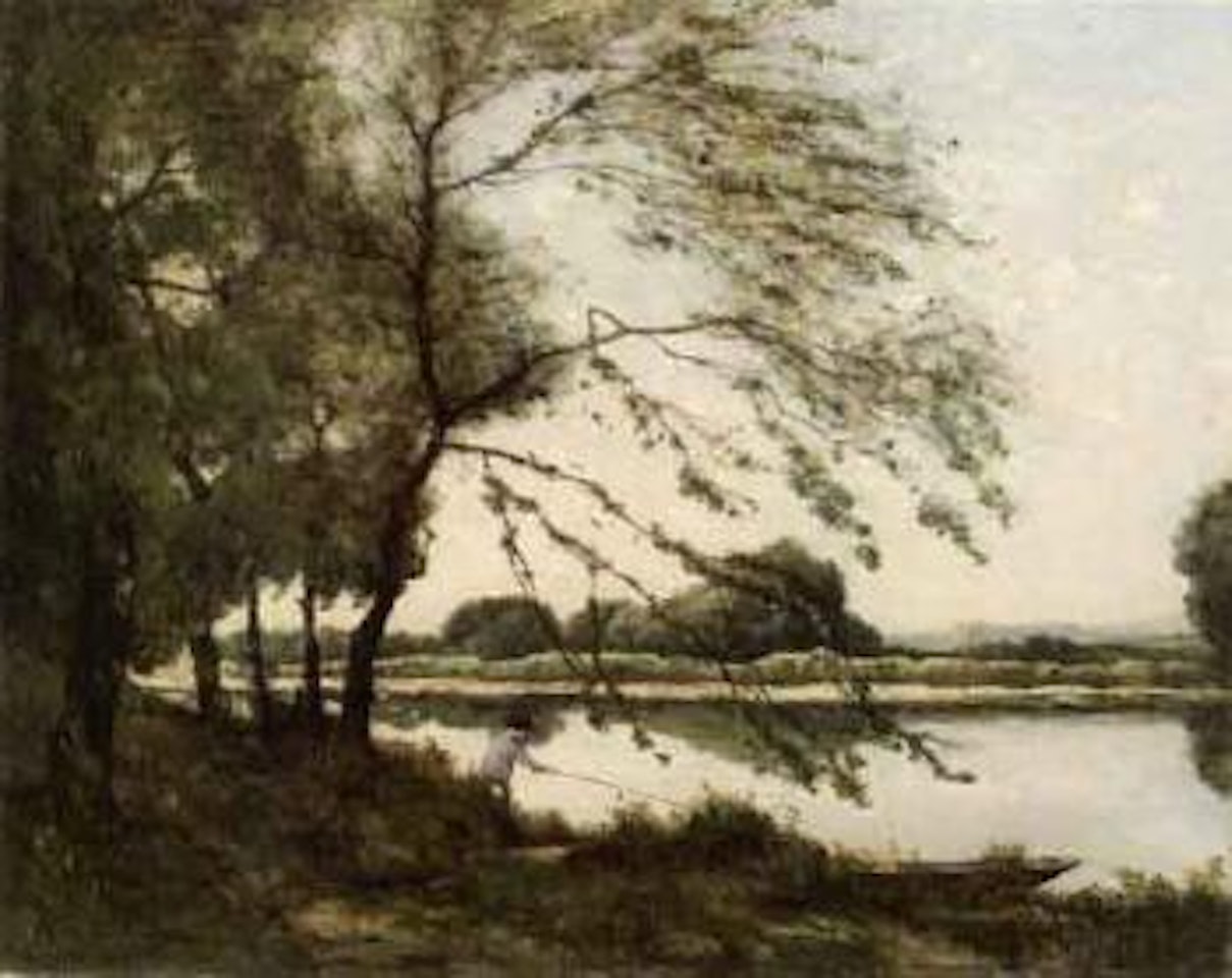 Fisherman on river bank by Henri Harpignies