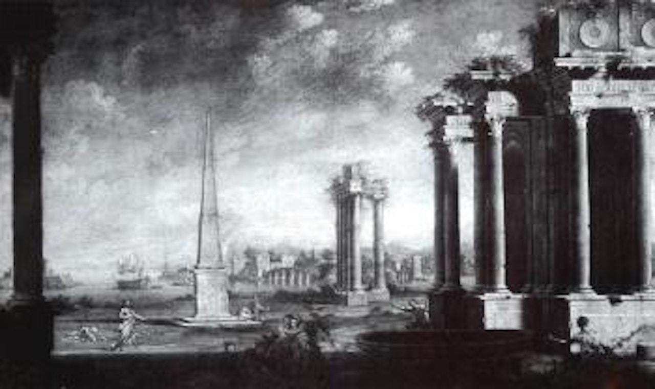 Figures among ruins with harbour in distance by Giovanni Ghisolfi