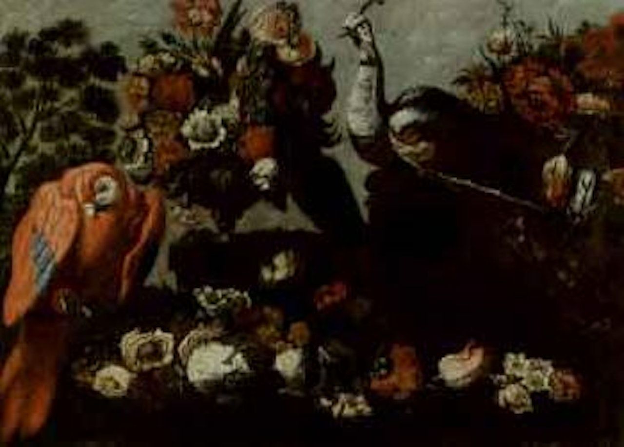 Parrots, peacock and flowers in ornamental gardens by Italian School
