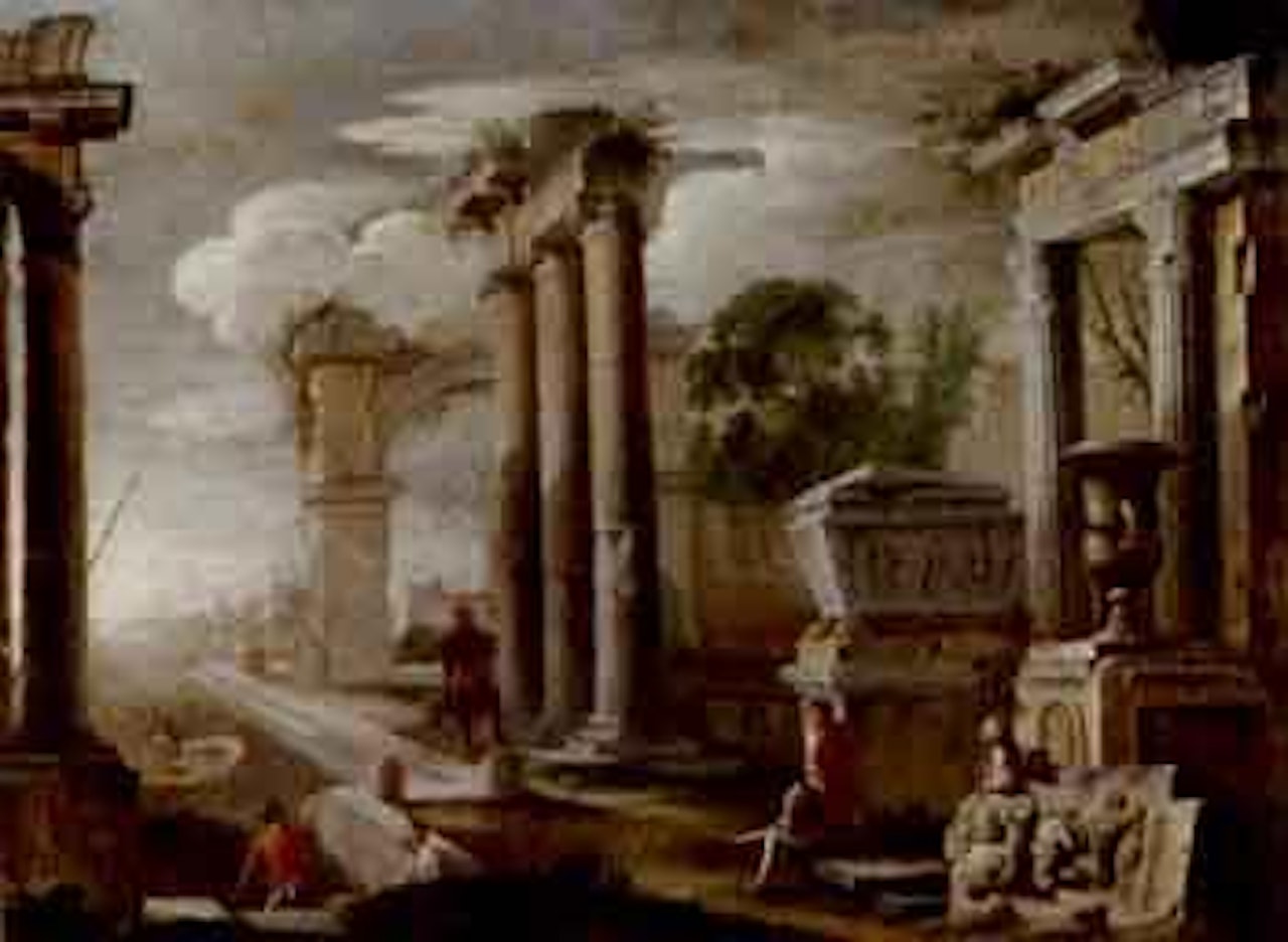 Mediterranean Port with banditti resting by ruins by Gennaro Greco