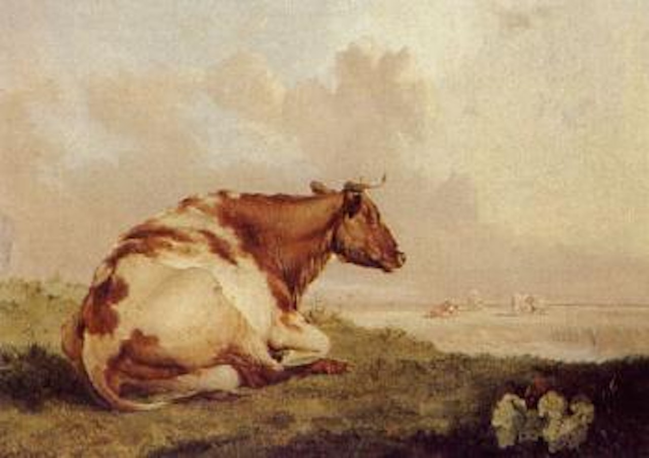 Cow resting in landscape with other cattle beyond by Thomas Sidney Cooper