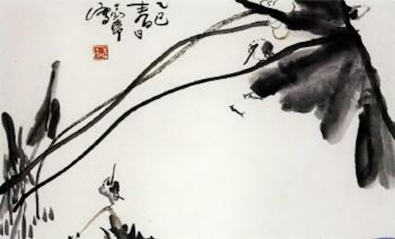 Bird perching on Lotus branch by Ding Yanyong
