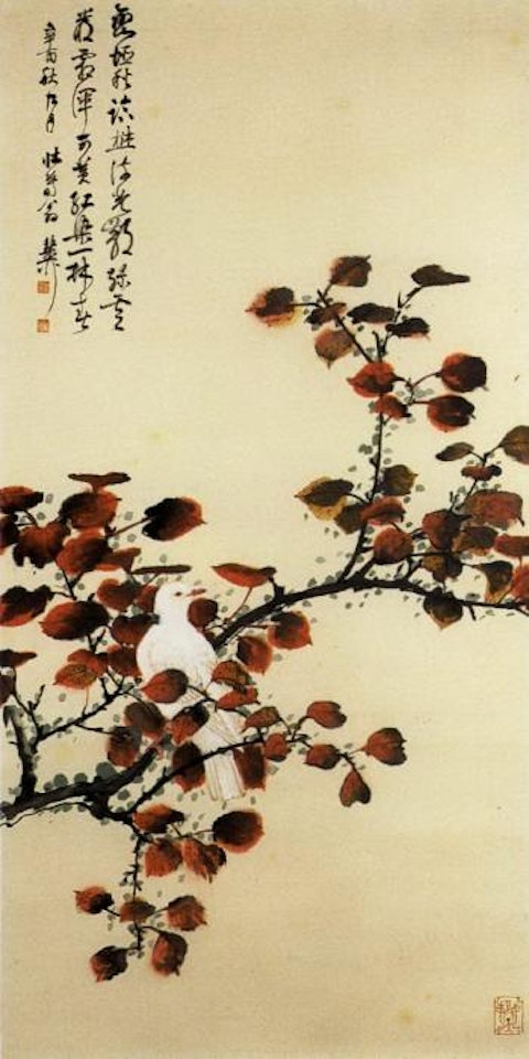 Dove on red leaves tree by Xie Zhiliu