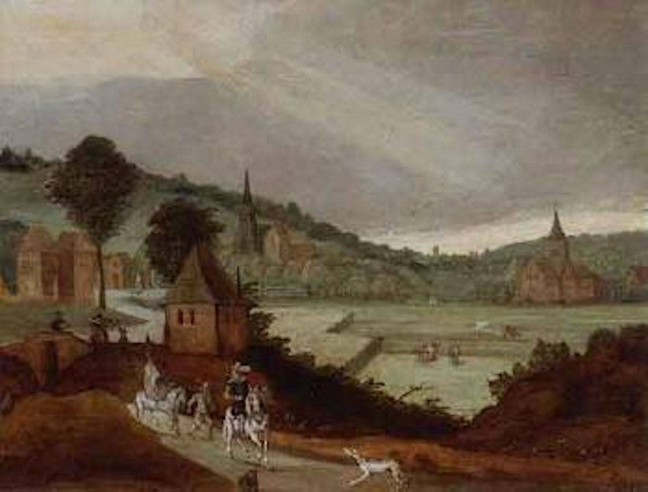 Hunting party setting out on country road by Joos de Momper the Younger