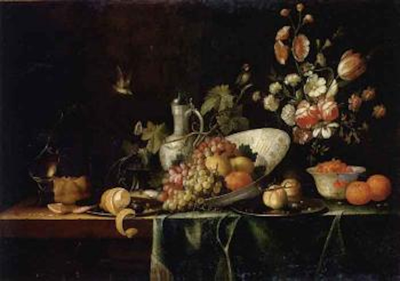 Grapes, lemons, orange in dish, oyster and prawn, songbirds by Pseudo Simons