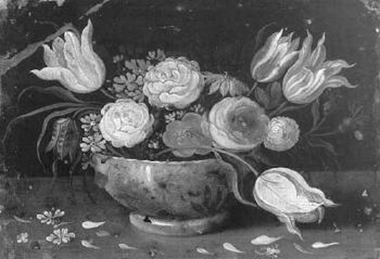 Bouquet of flowers in porcelain bowl on table by Jan Van Kessel The Elder