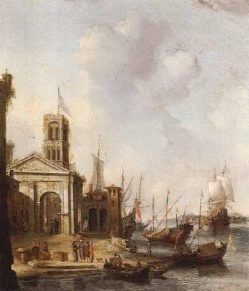 Mediterranean port with figures and ships in harbour by Jan Abrahamsz. Beerstraten