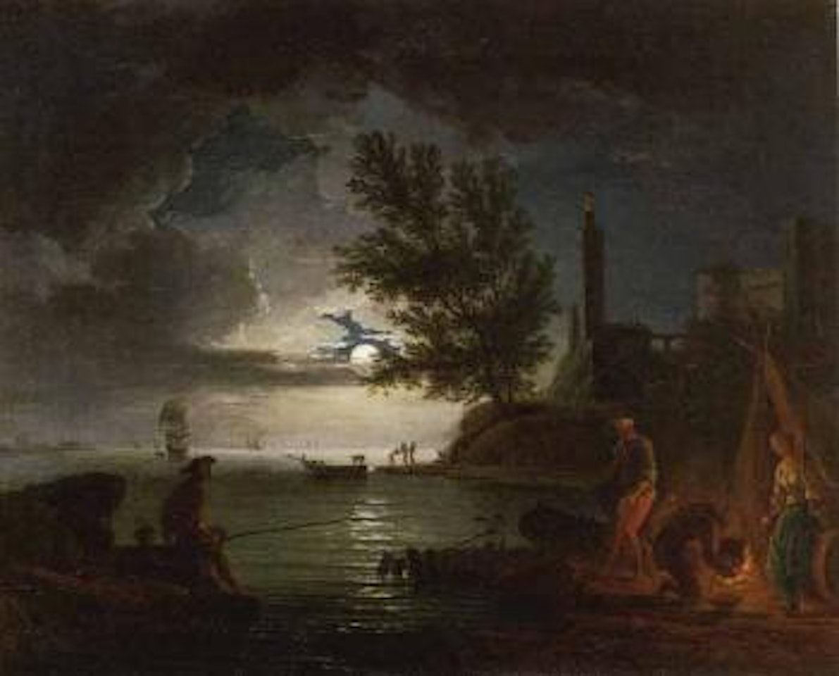 Fisherfolk by campfire on shore by moonlight by Claude Joseph Vernet