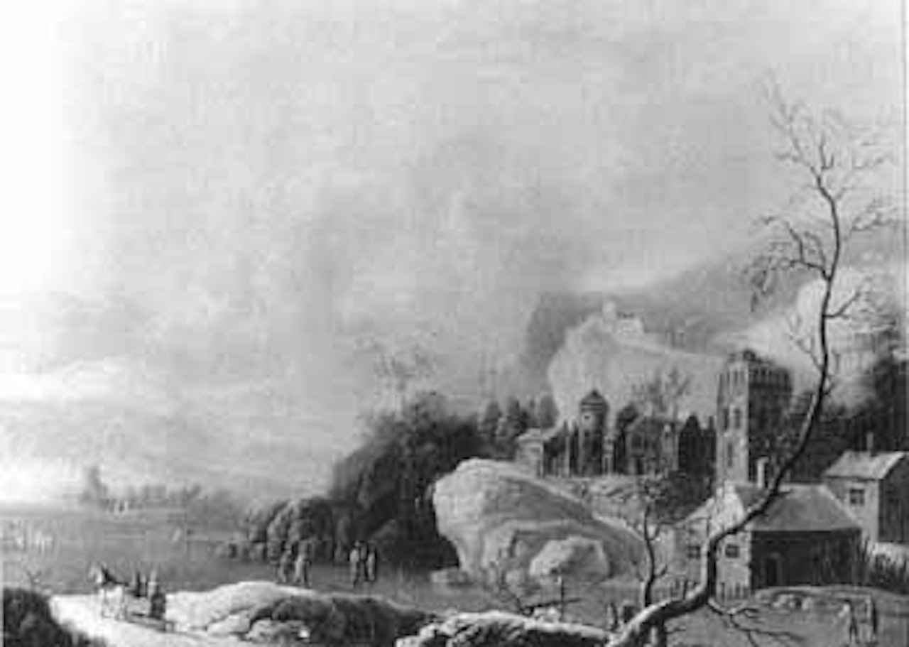 Winter landscape with figures skating on frozen river by German School