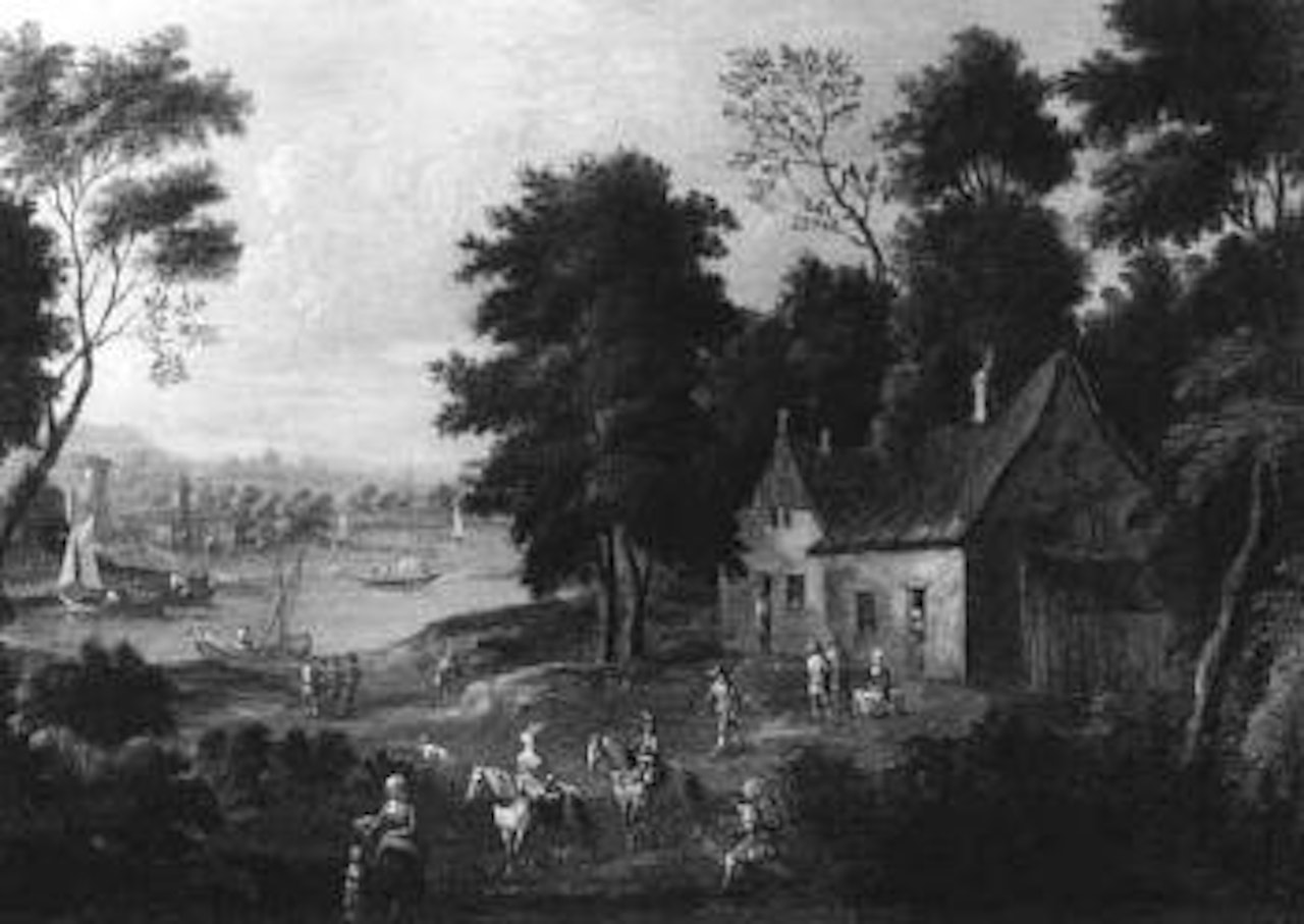 River landscape with figures and cottages by Pieter Bout