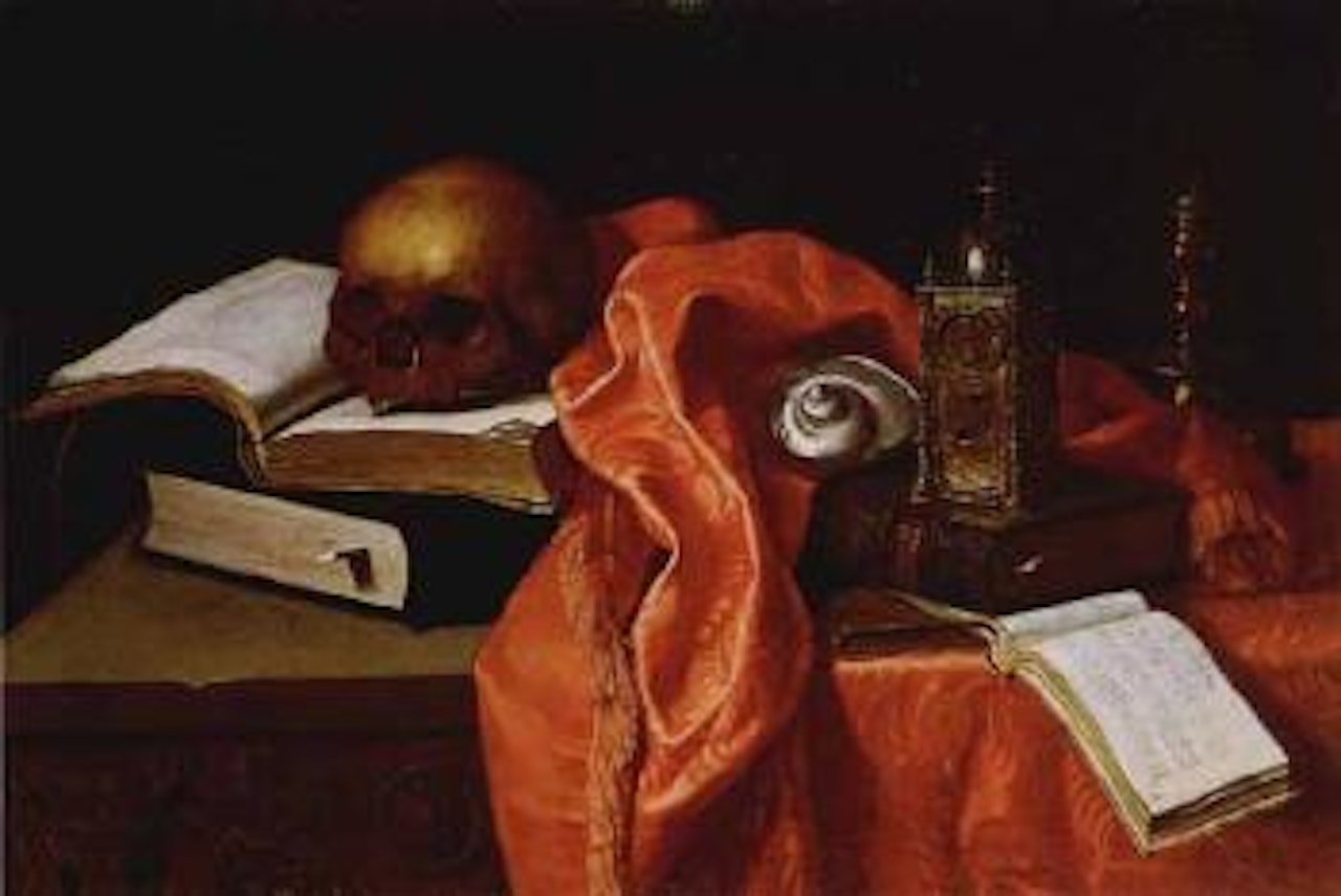 Vanitas still life of skull, books, nautilus shell by Sebastian Stosskopf