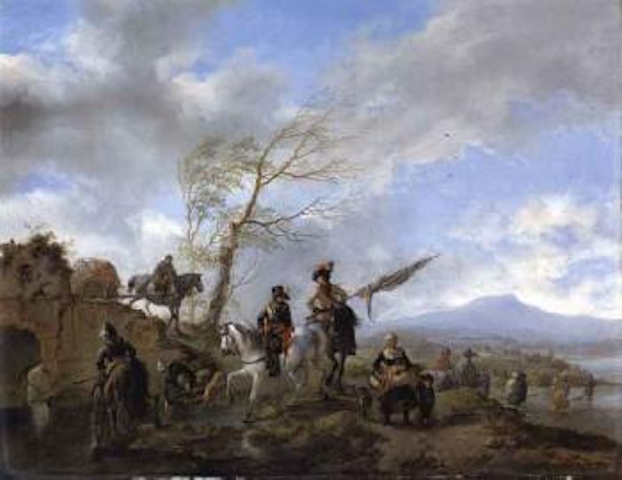 Extensive river landscape with soldiers by Philips Wouwerman