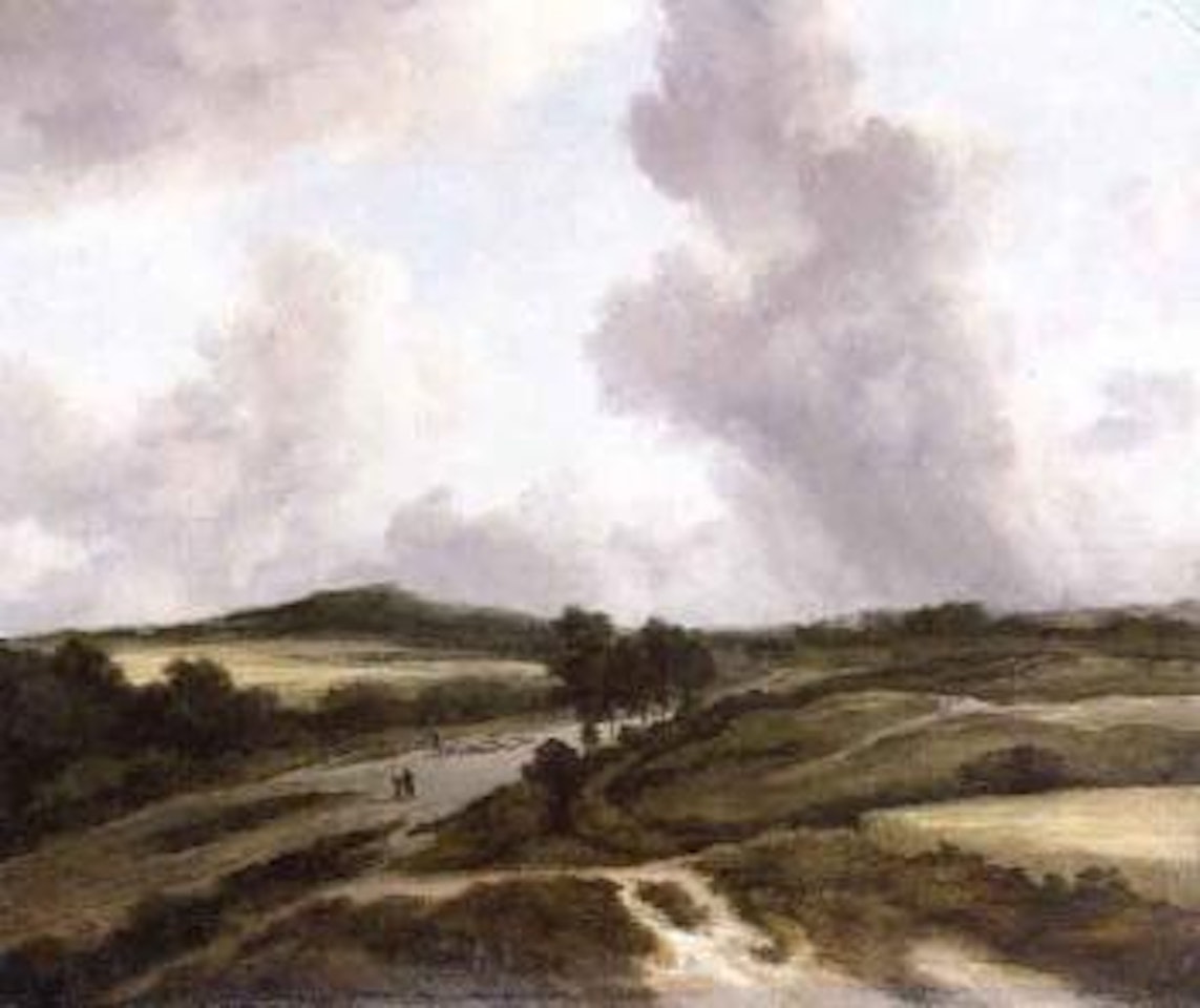 Extensive landscape with figures on path by cornfields by Jacob Salomonsz. van Ruysdael