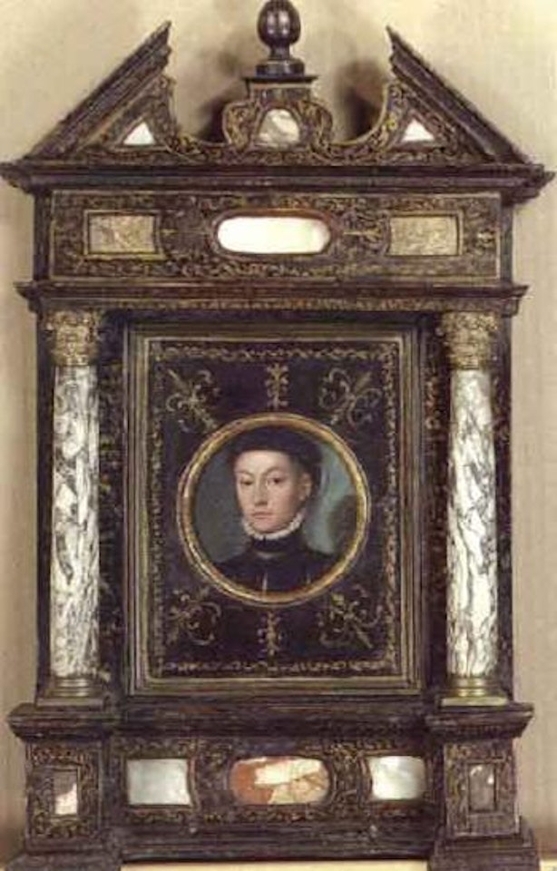 Portrait of young gentleman wearing black costume and cap by German School