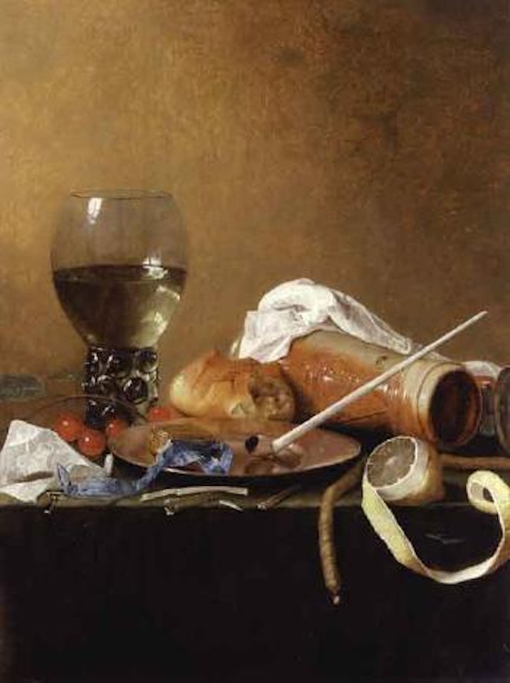 Roemer, upturned flagon, clay pipe, peeled lemon on ledge by Jan Davidsz de Heem