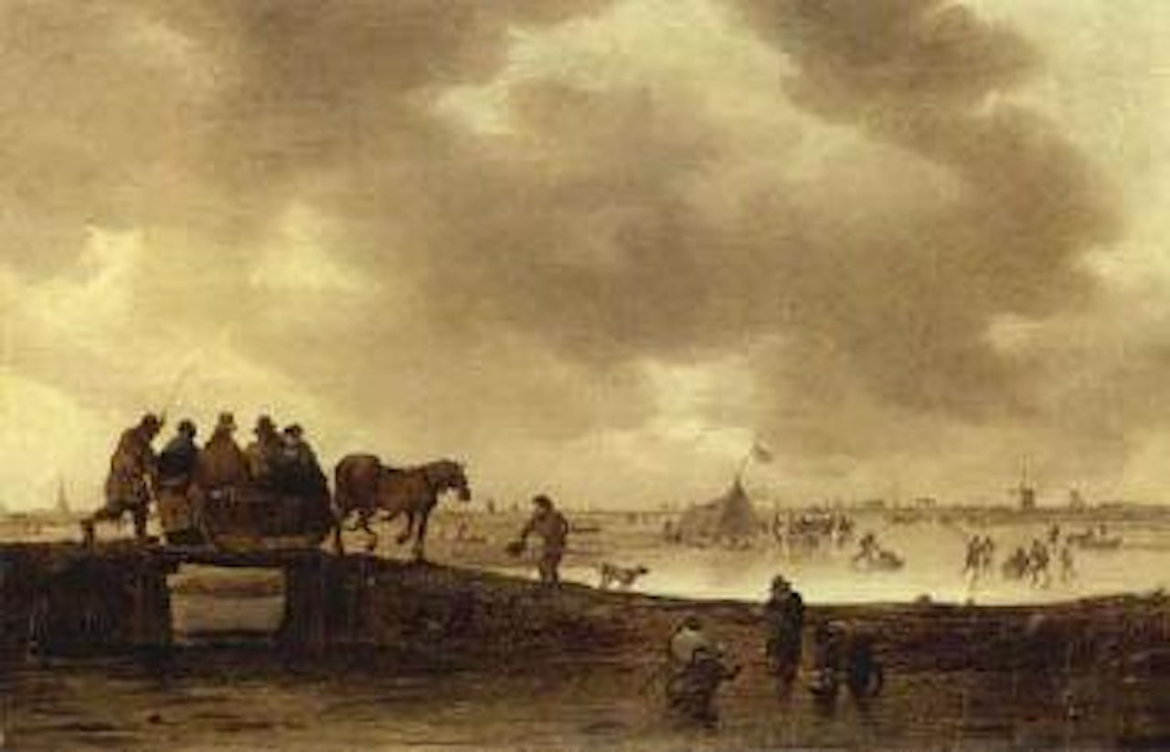 Peasants crossing footbridge on horse-drawn sledge in winter by Jan van Goyen