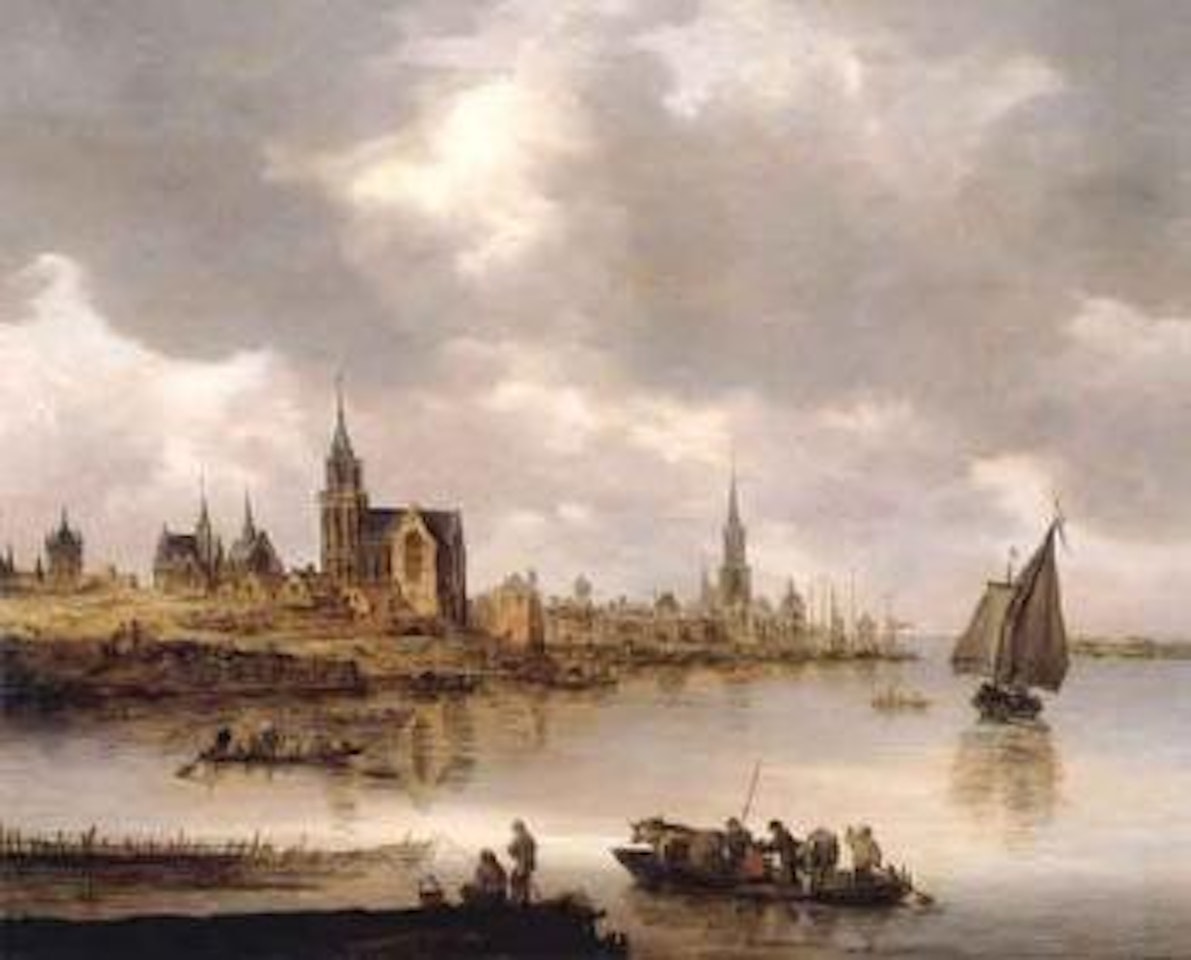 View of Emmerich with cattle ferry in foreground by Jan van Goyen