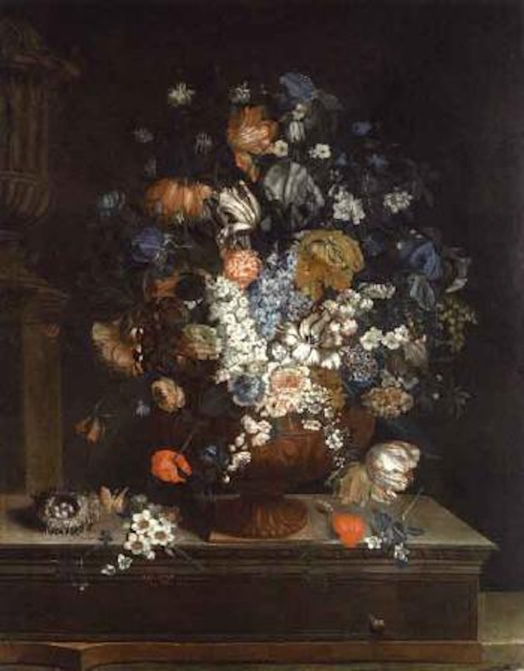 Tulips, poppies and other flowers in terracotta urn by Pieter Hardime