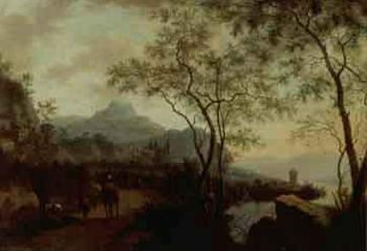 Mountain river landscape with travellers on path by Jan Both