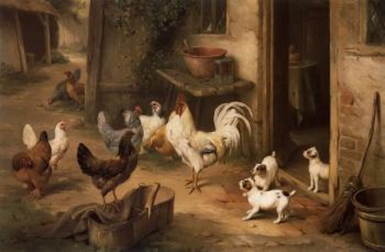 Chickens and puppies by Edgar Hunt