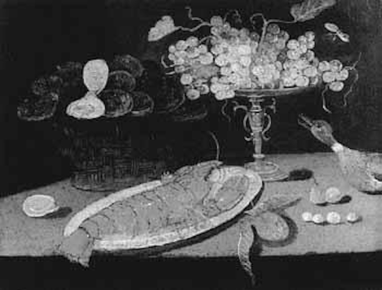 Still life of lobster, basket of oysters, duck, grapes by Jan Van Kessel The Elder