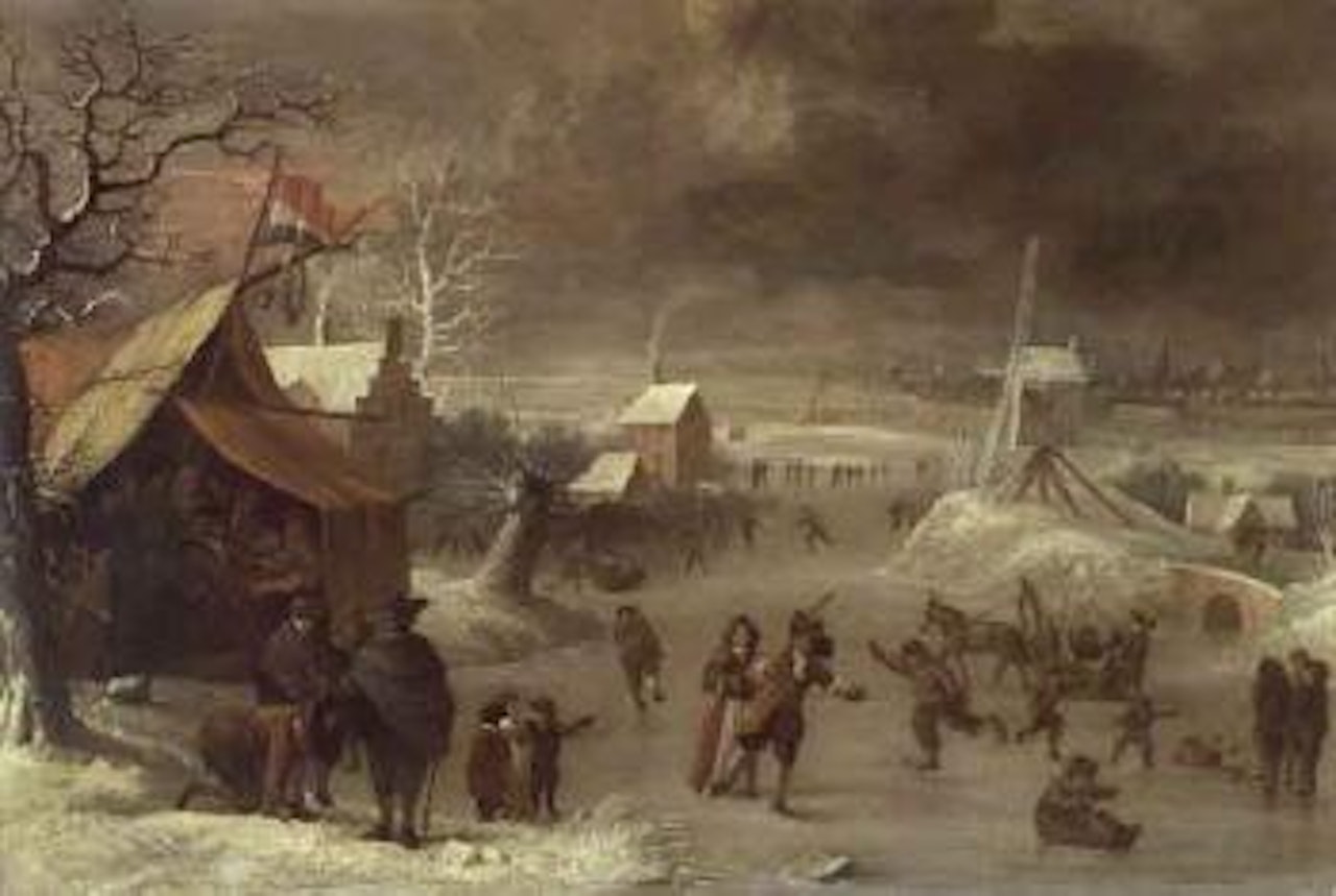 Winter landscape with skaters on frozen waterway by tent by Jan Abrahamsz. Beerstraten