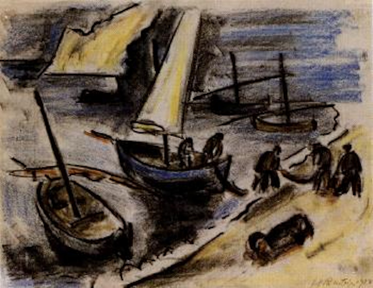 Fishermen in boats on beach of Monterosso al Mare by Max Pechstein