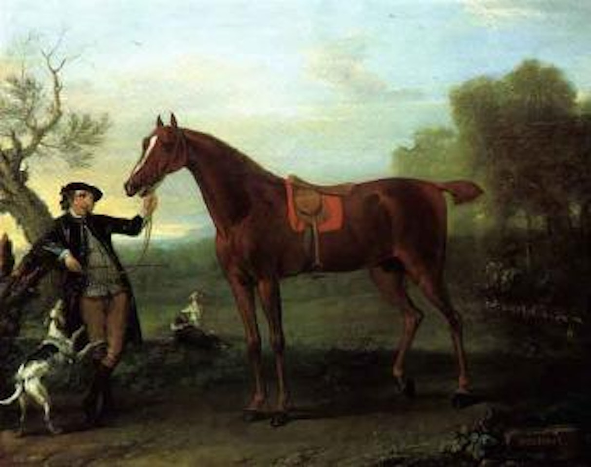 Squirrel - thorougbred chestnut hunter held by groom by John Wootton