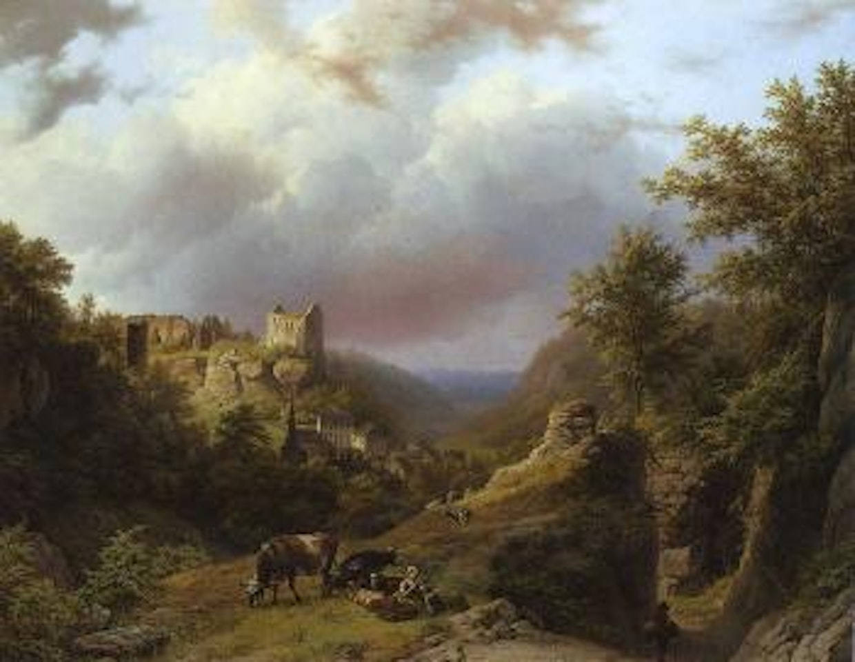 Countryfolk, cattle and goats on mountain path with village beyond by Barend Cornelis Koekkoek