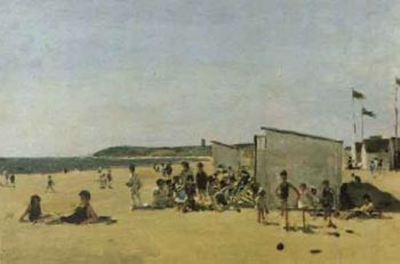 Summer beach scene at Gorleston with figures by beach huts by Campbell Mellon