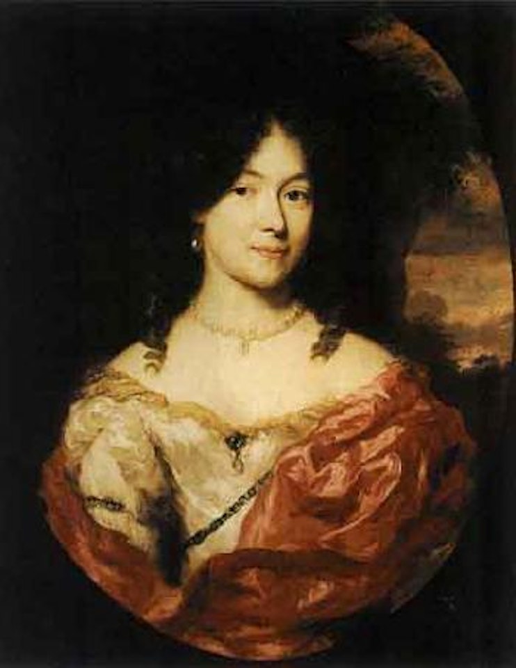 Portrait of lady with white dress and red shawl by Nicolaes Maes