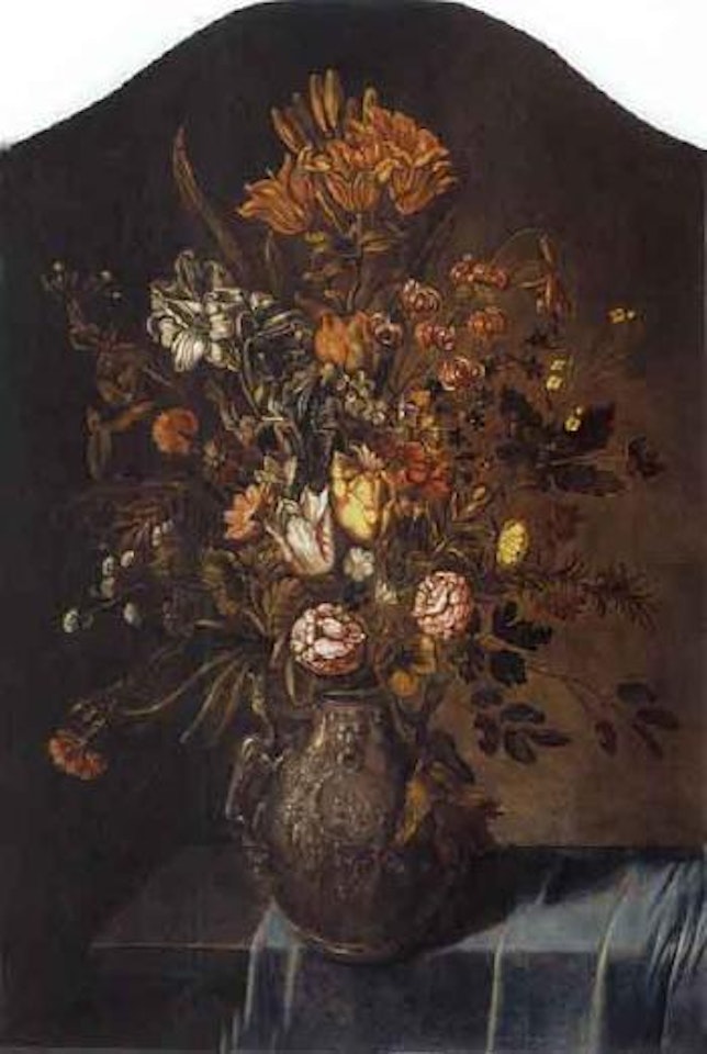Still life of roses, tulips, anemones in decorated vase by Dutch School