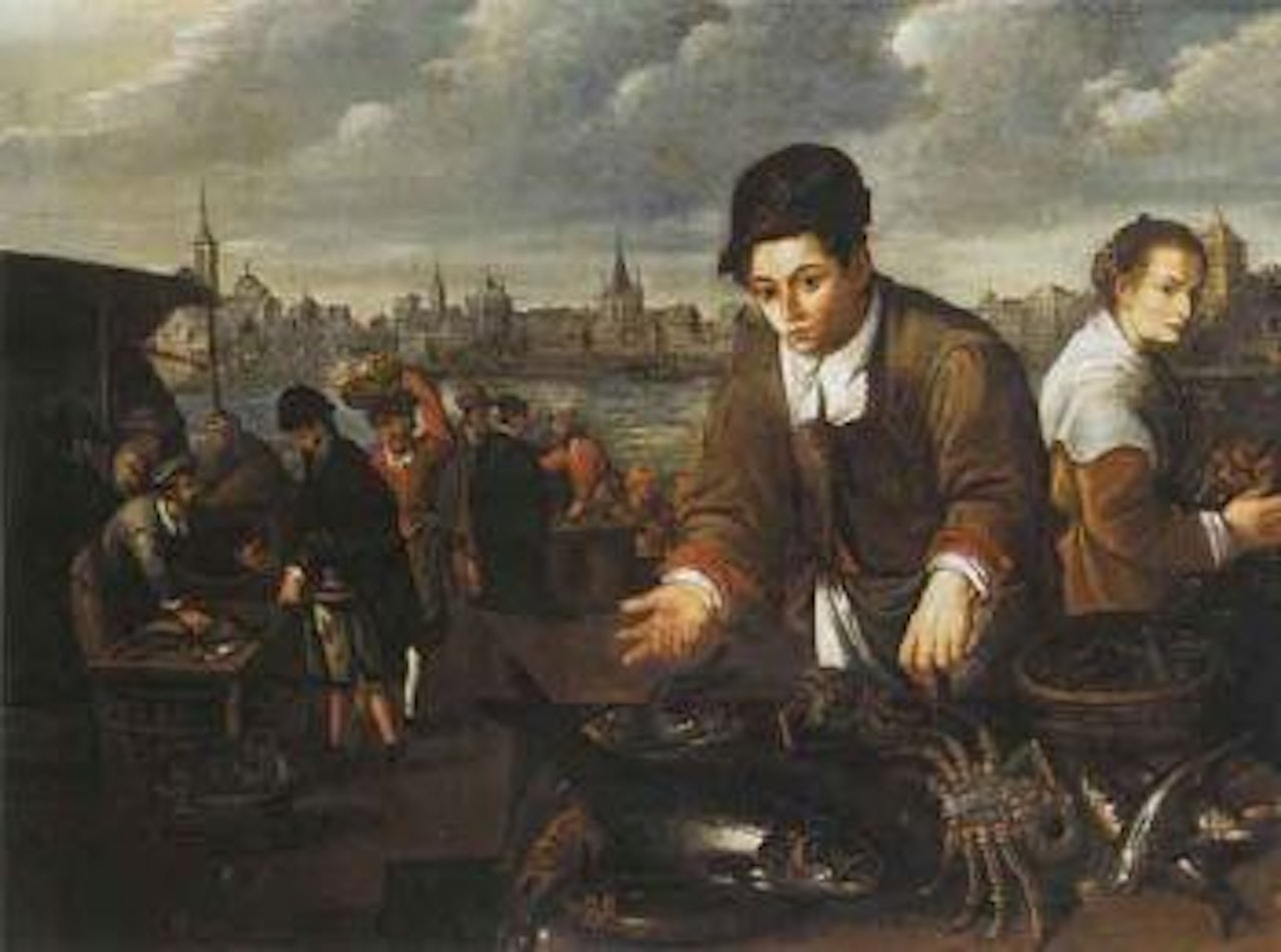 Fish market with view of port beyond by Dutch School