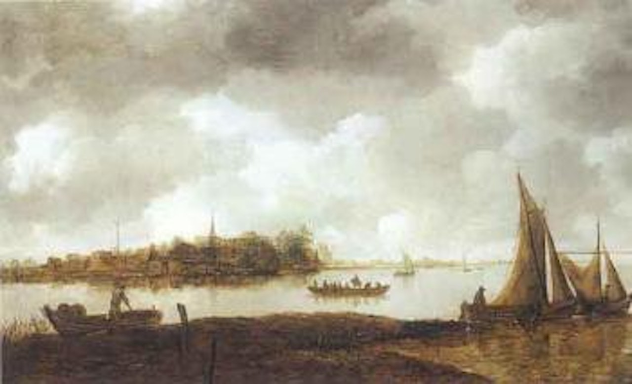 River landscape with sailing boats, fortified village by Jan van Goyen