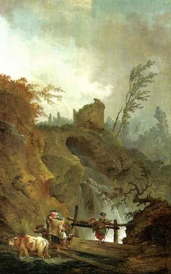 Italianate landscape with peasants on bridge by Hubert Robert