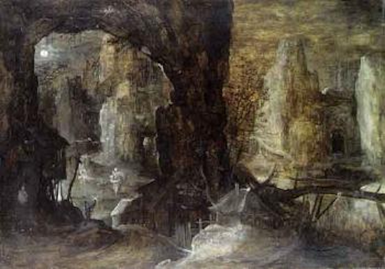 Nocturnal landscape with Saint Christopher and hermit by Flemish School