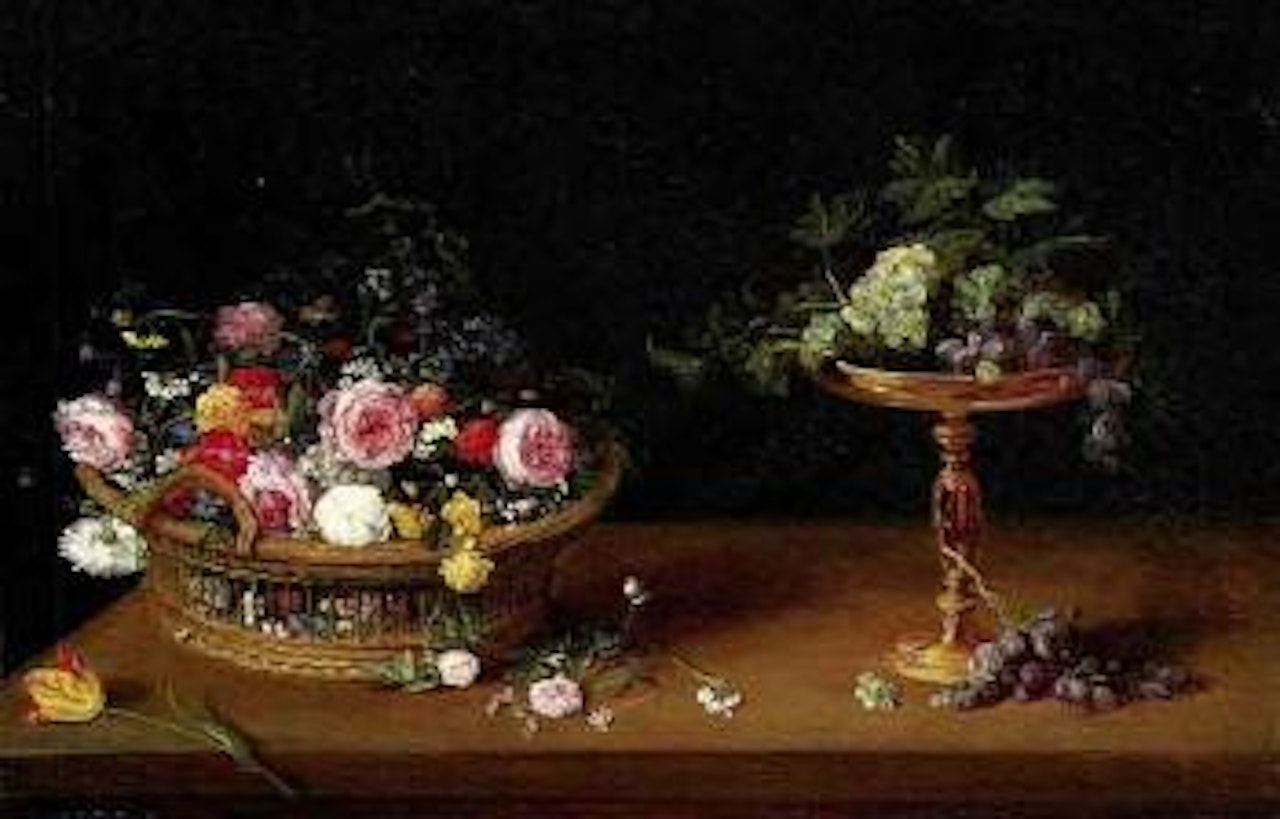 Roses, narcissi and other flowers in basket with fruit by Jan Brueghel the Younger