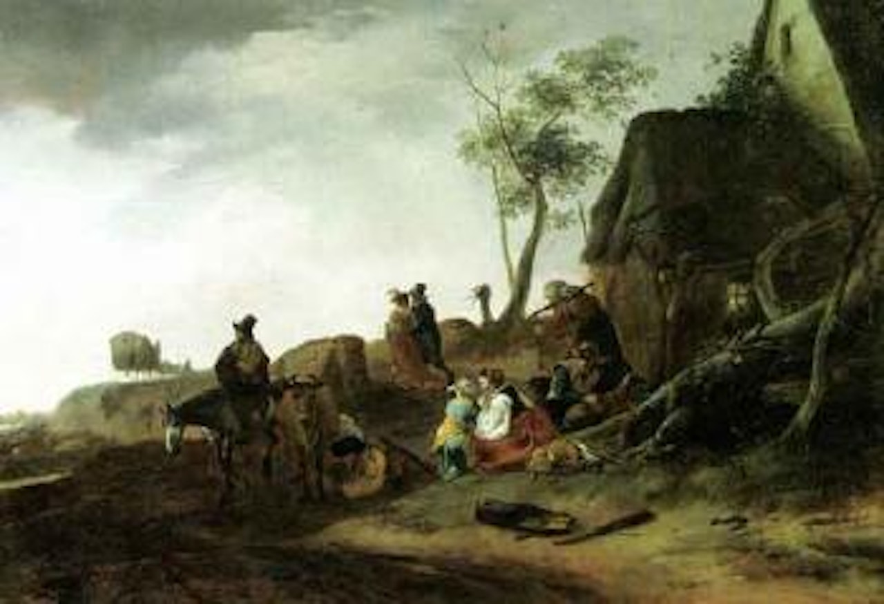 Traveller on horseback, milkmaid and peasants by cottage by Philips Wouwerman
