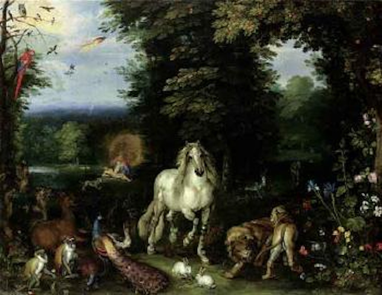 Animals and birds in Garden of Eden, Creation of Eve beyond by Jan Brueghel the Younger