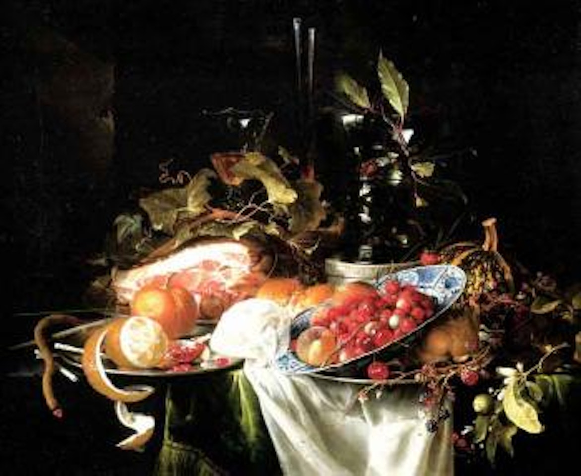 Fruit in Wanli Kraak bowl and on table with ham, rolls and roemer by Jan Davidsz de Heem