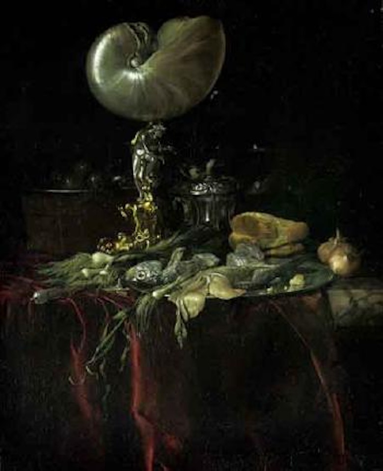 Nautilus cup, fish on plate, onions, leeks and pewter cup on marble shelf by Willem van Aelst