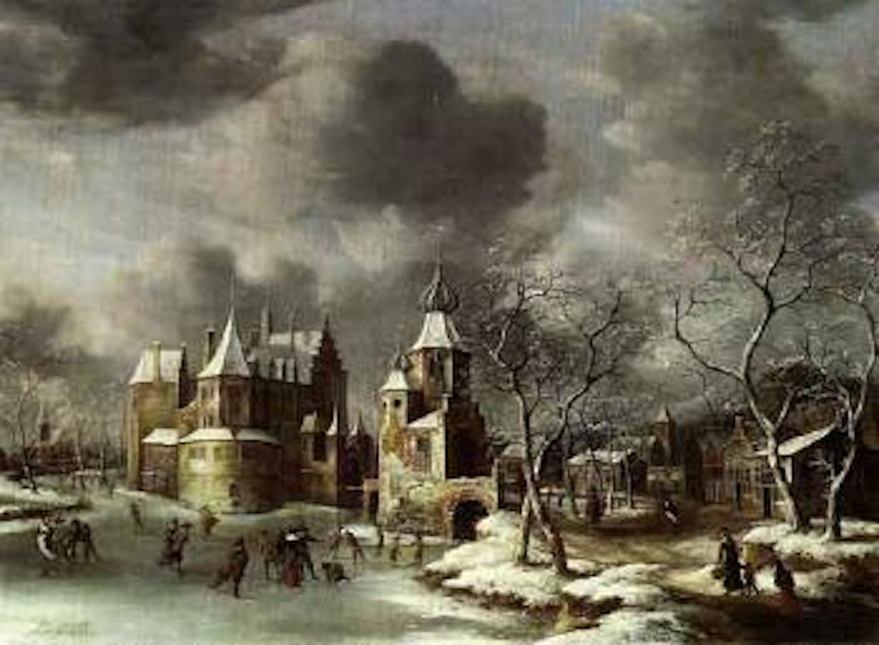 View of Poelgeest Castle in winter with figures skating by Jan Abrahamsz. Beerstraten