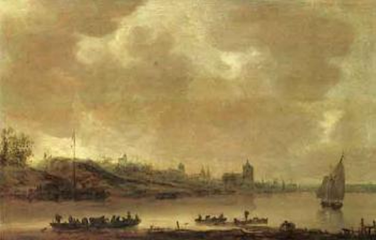 View of Arnhem from south with ferry and shipping on Rhine by Jan van Goyen