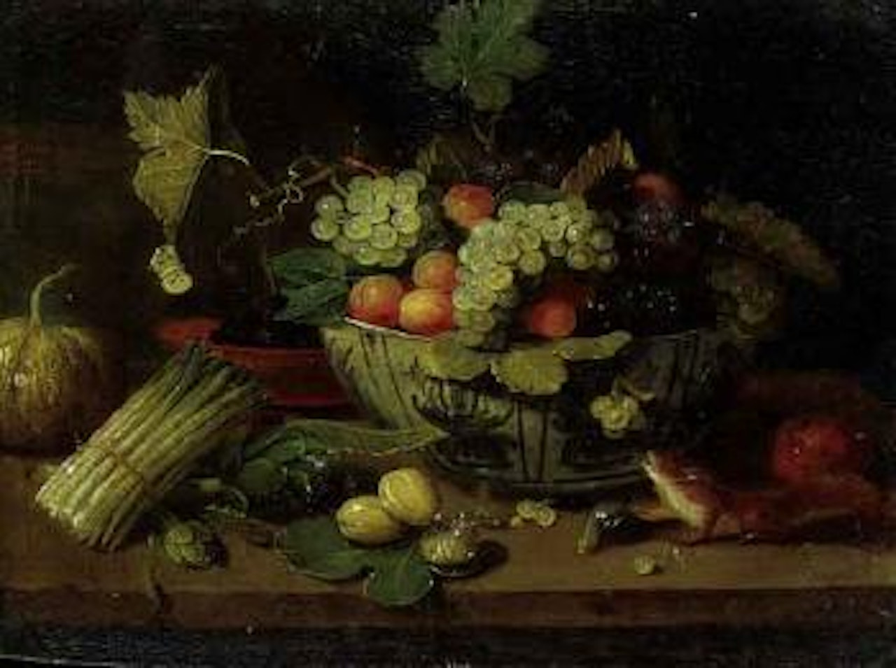 Bowl of fruit, bundle of asparagus, figs on ledge by Jan Van Kessel The Elder