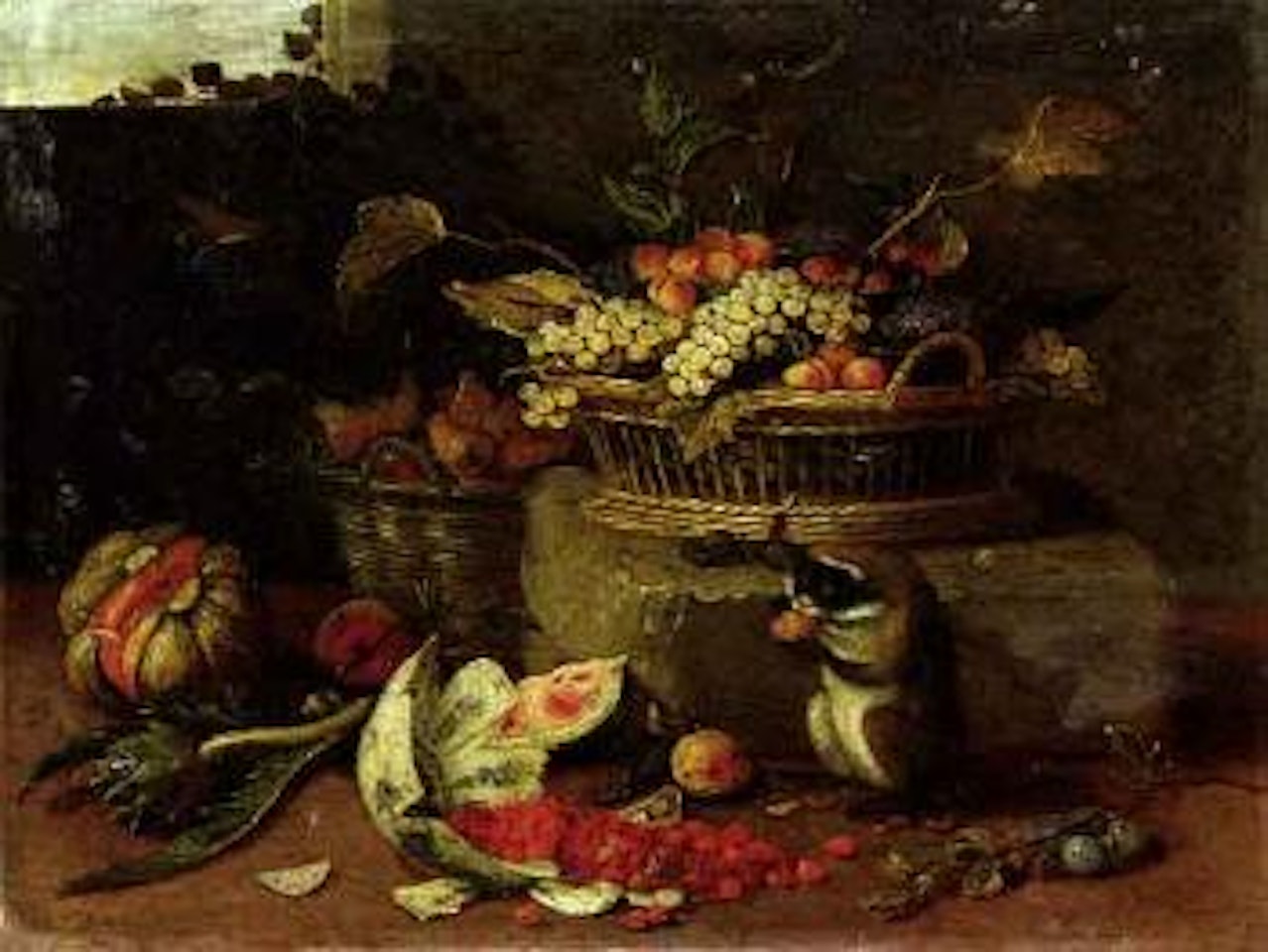 Pumpkin, artichoke, basket of pears and monkey by Jan Van Kessel The Elder