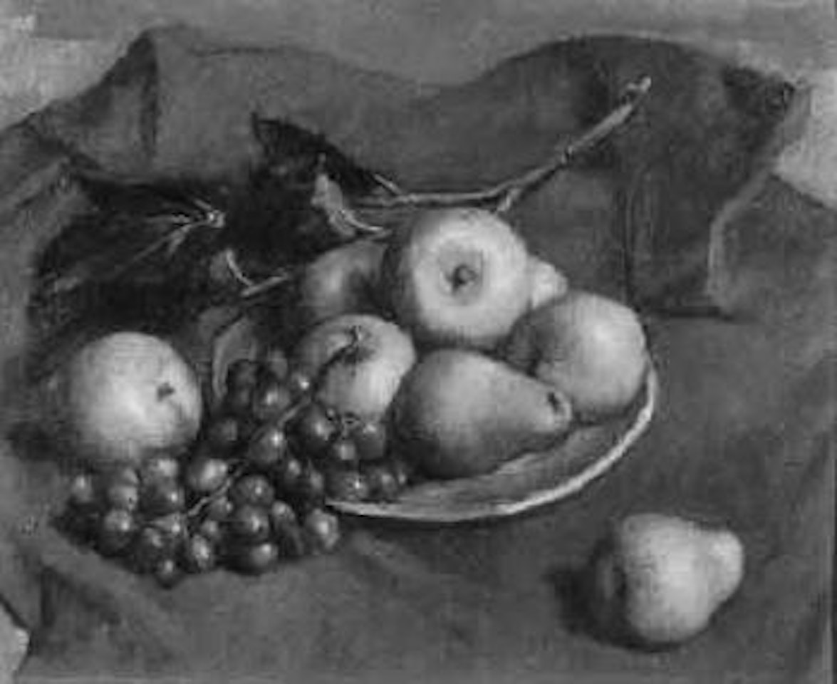 Fruit on red cloth by Robert Brackman