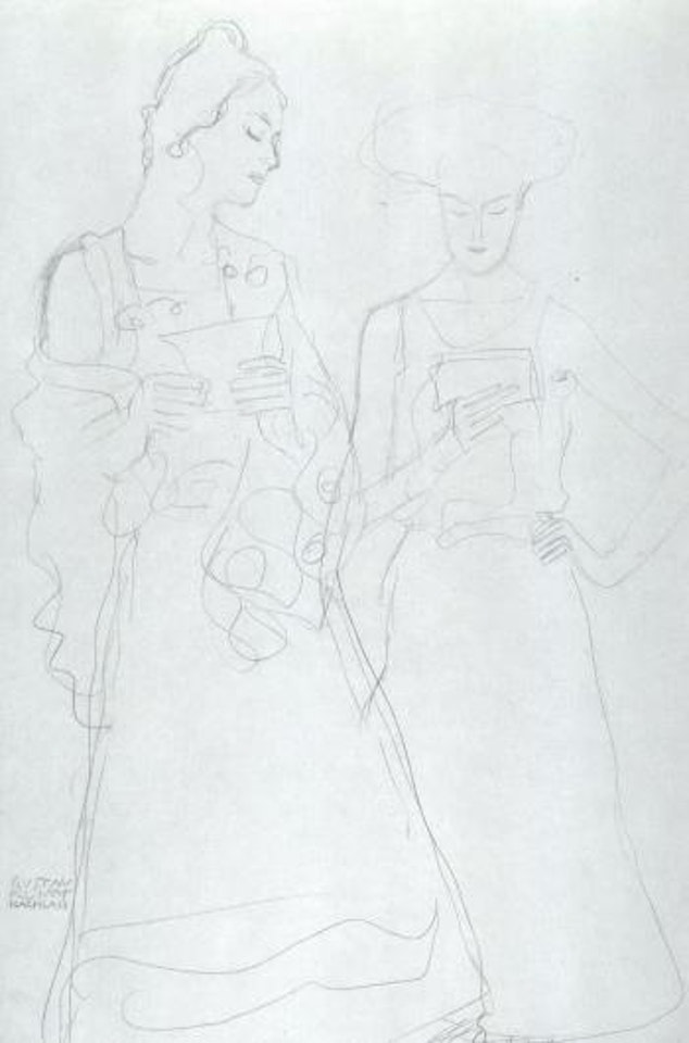 Two singing or reading females by Gustav Klimt