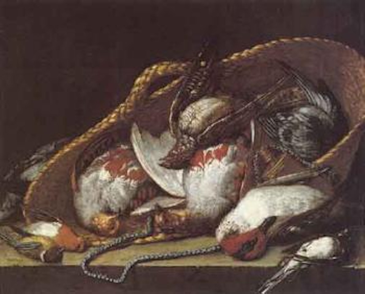 Still life of birds with basket on stone ledge by French School